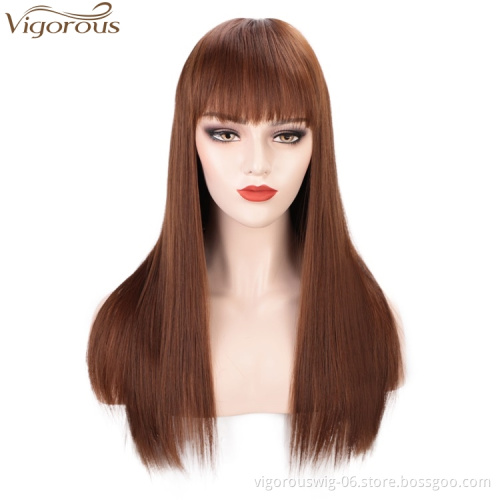 Vigorous Good Quality  High Temperature Long Straight Synthetic Hair Wigs for Women Brown Wigs With Bangs Wholesale